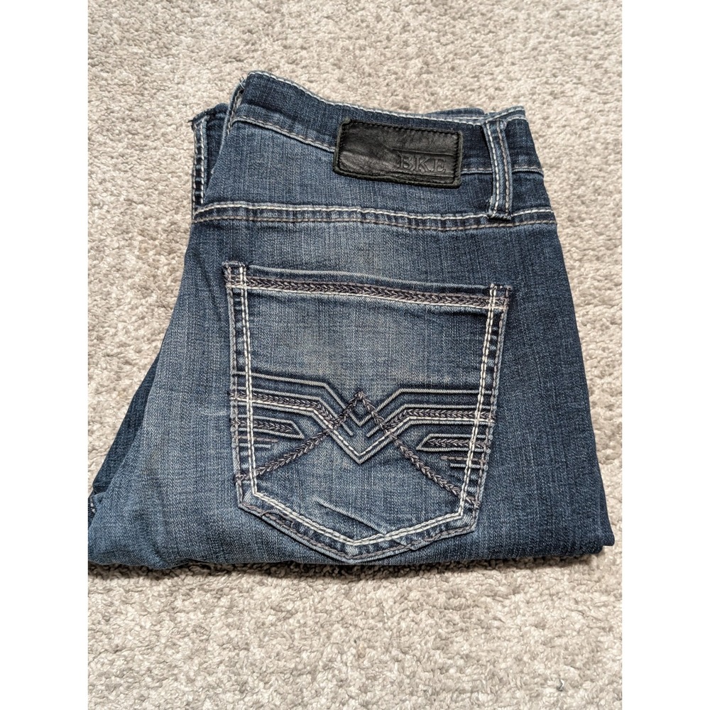 BKE Jeans Mens 32L Blue Jake Straight Leg Stretch Dark Wash Embroidered Casual - Picture 9 of 9